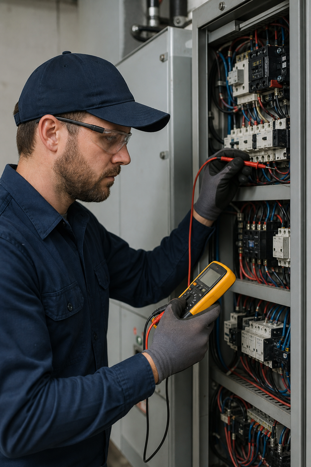 Electrician troubleshooting a commercial electrical panel in Memphis